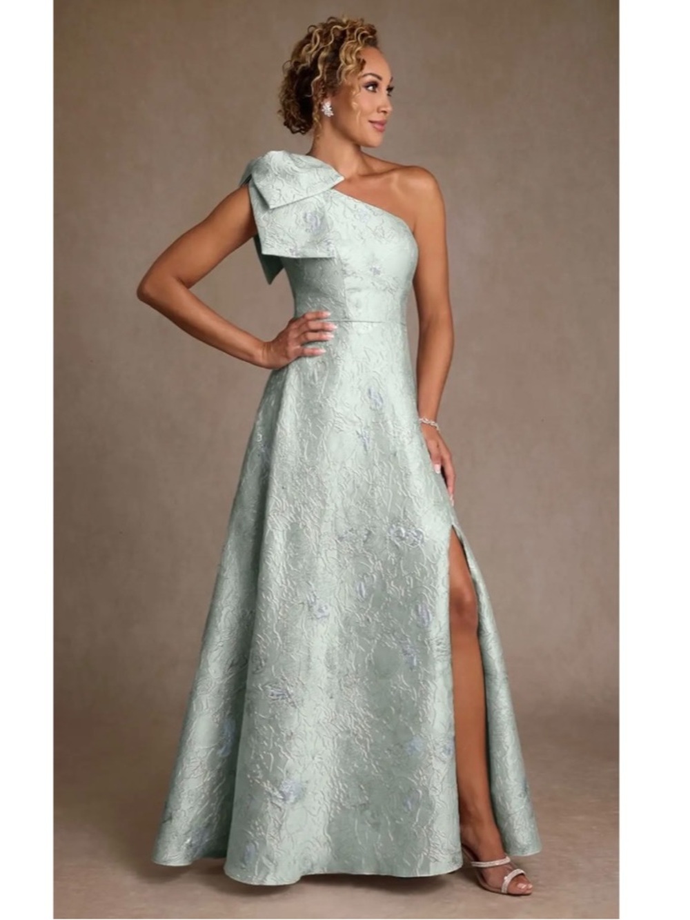 Azazie One-Shoulder Agave Green Jacquard Evening Dress